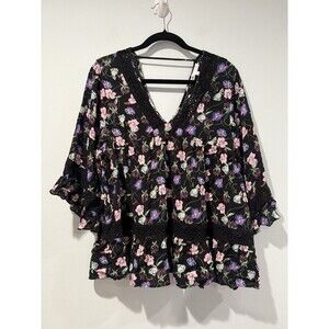 NEW DR2 Blouse Womens Small Floral Boho 3/4 Sleeve Bloom Dark Romantic Flowy